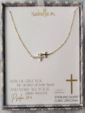 Gold on Sterling Silver & CZ Sideways Cross Fixed Pendant Necklace, 16+2" NEW!